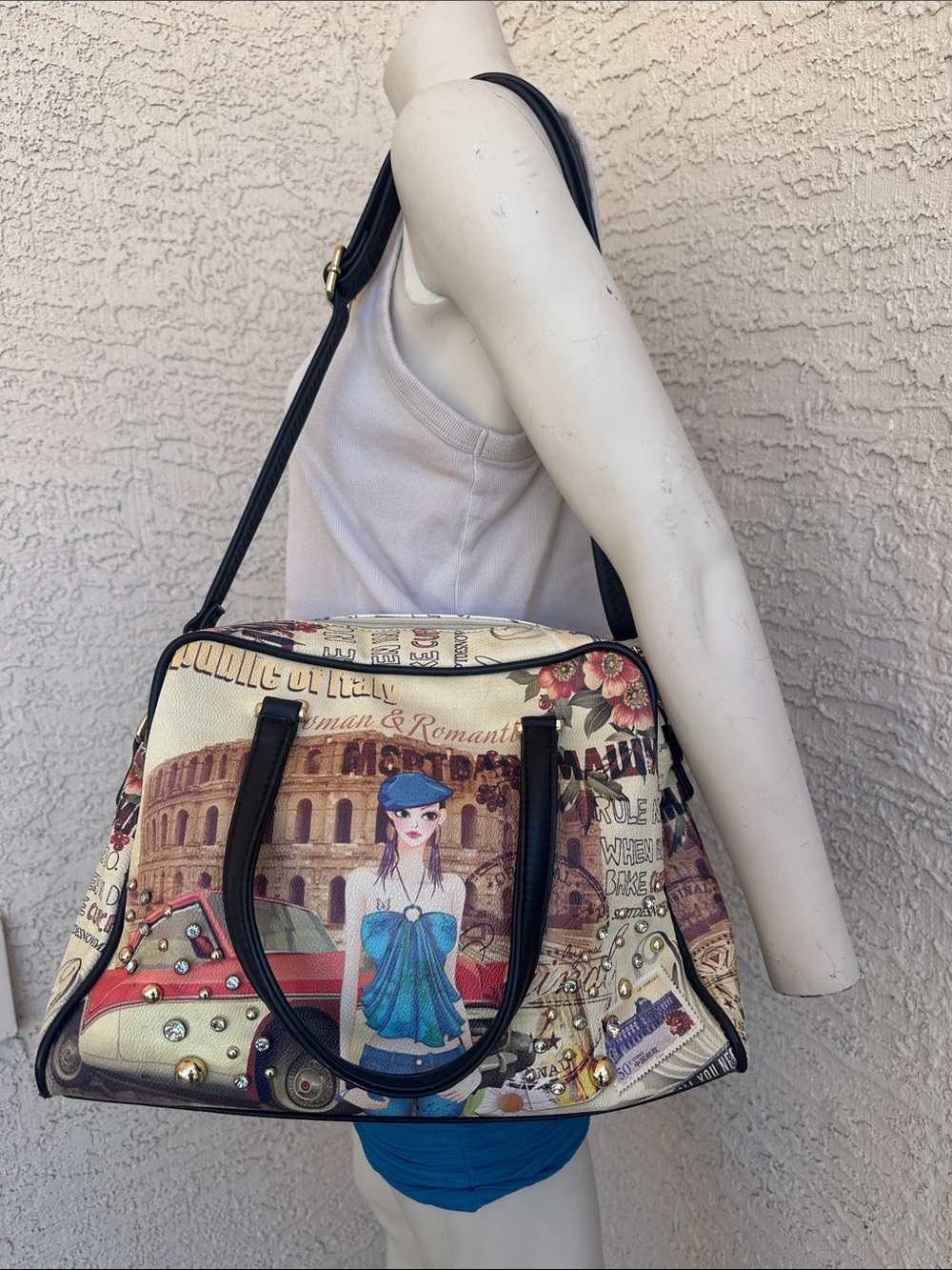 Vintage-inspired "Oh Fashion" Roma Italia scene Printed Canvas Satchel Bag
